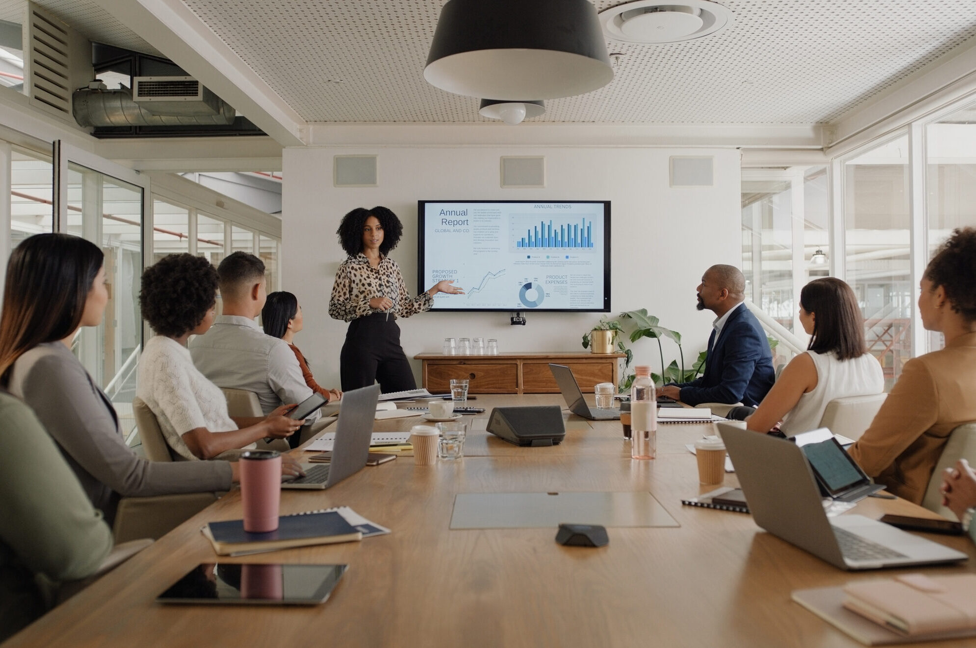 Business presentation in modern conference room.