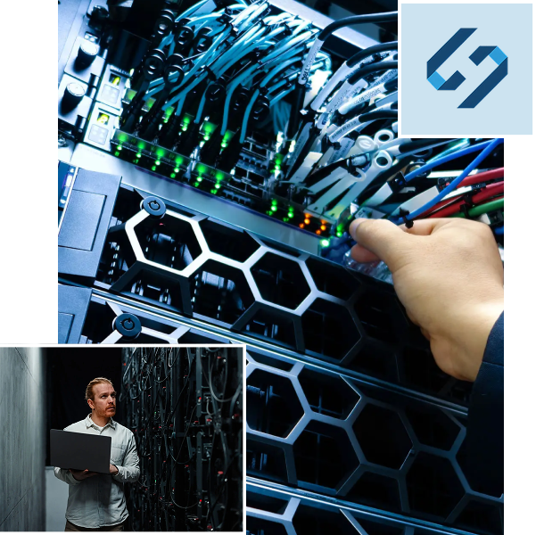 Technician connecting fiber optic cables in server rack