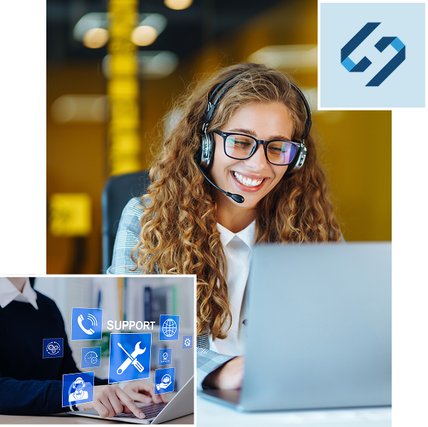Smiling woman with headset at computer.