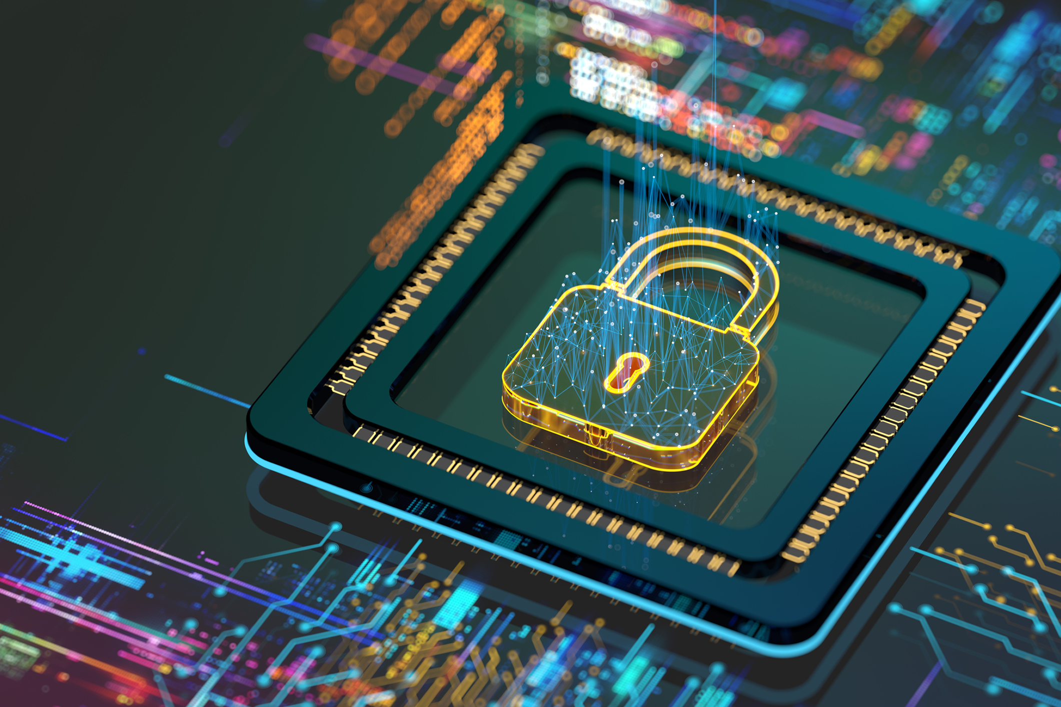 Glowing padlock on microchip representing cybersecurity
