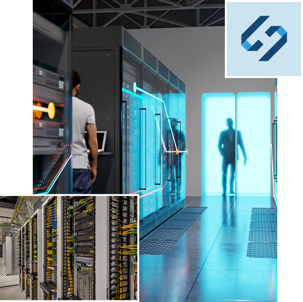 Technician and server racks in blue-lit data center