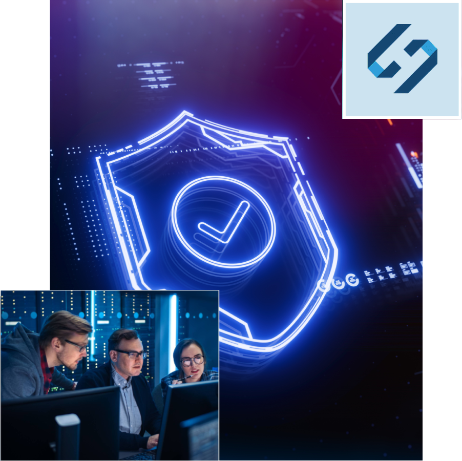 Cybersecurity shield icon with analysts at computers
