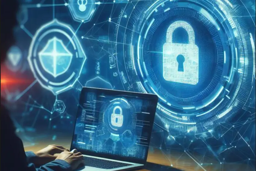 Laptop displaying digital padlock cybersecurity interface